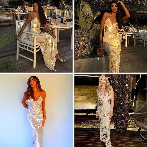Commense Slinky Gold Print Maxi Dress, Sleeveless Evening Gown Open Back Party S - Picture 3 of 8